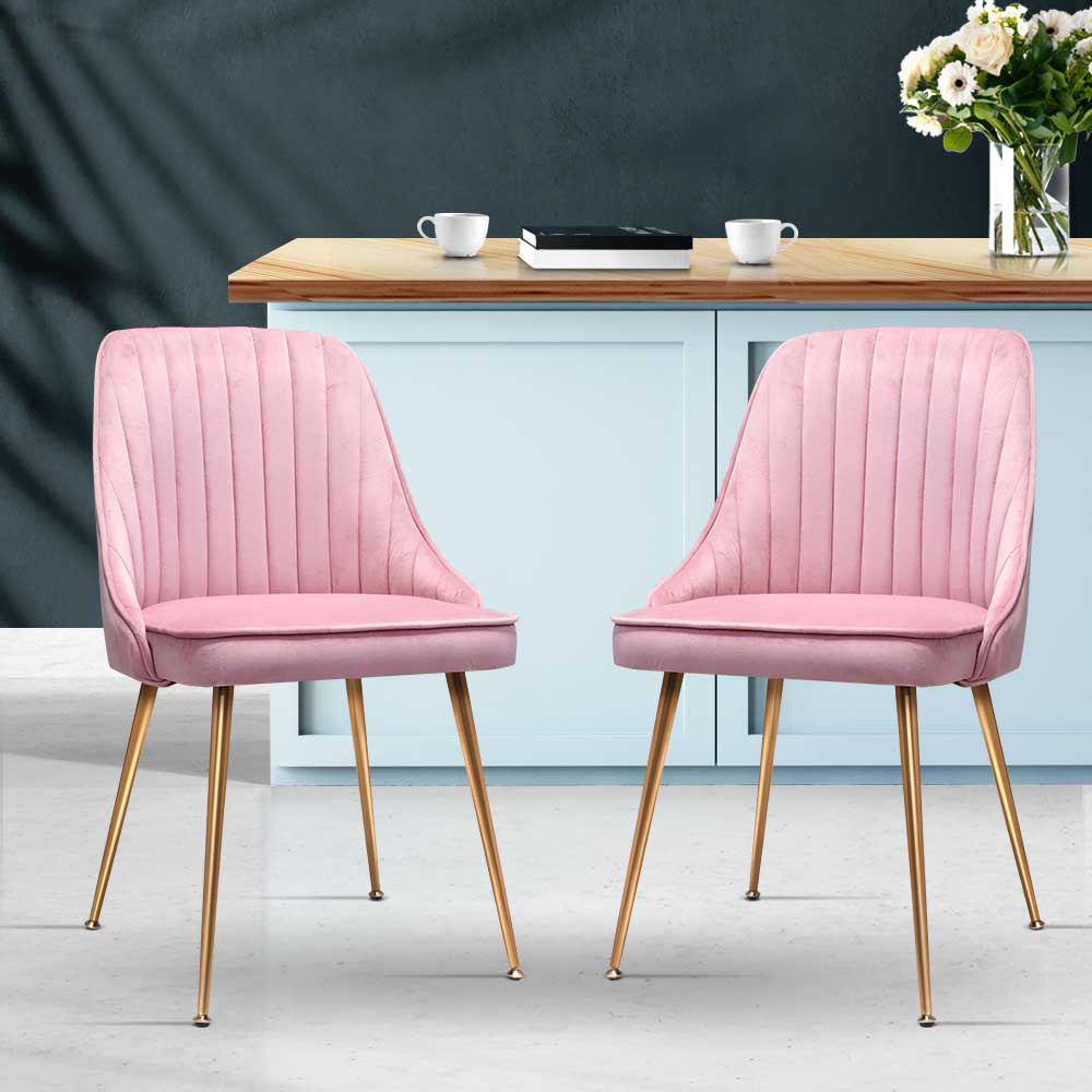 Artiss Set of 2 Velvet Dining Chairs Channel Tufted Pink