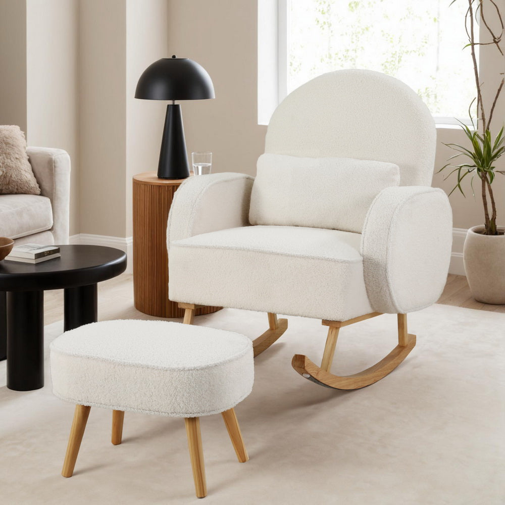 Artiss Rocking Chair Ottoman Set Boucle White