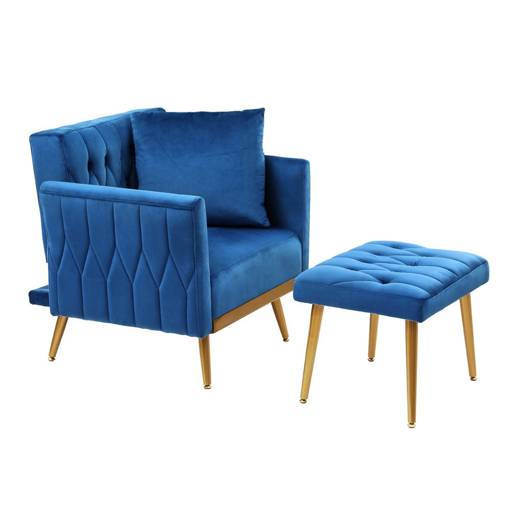 Artiss Velvet Armchair Ottoman Set Blue
