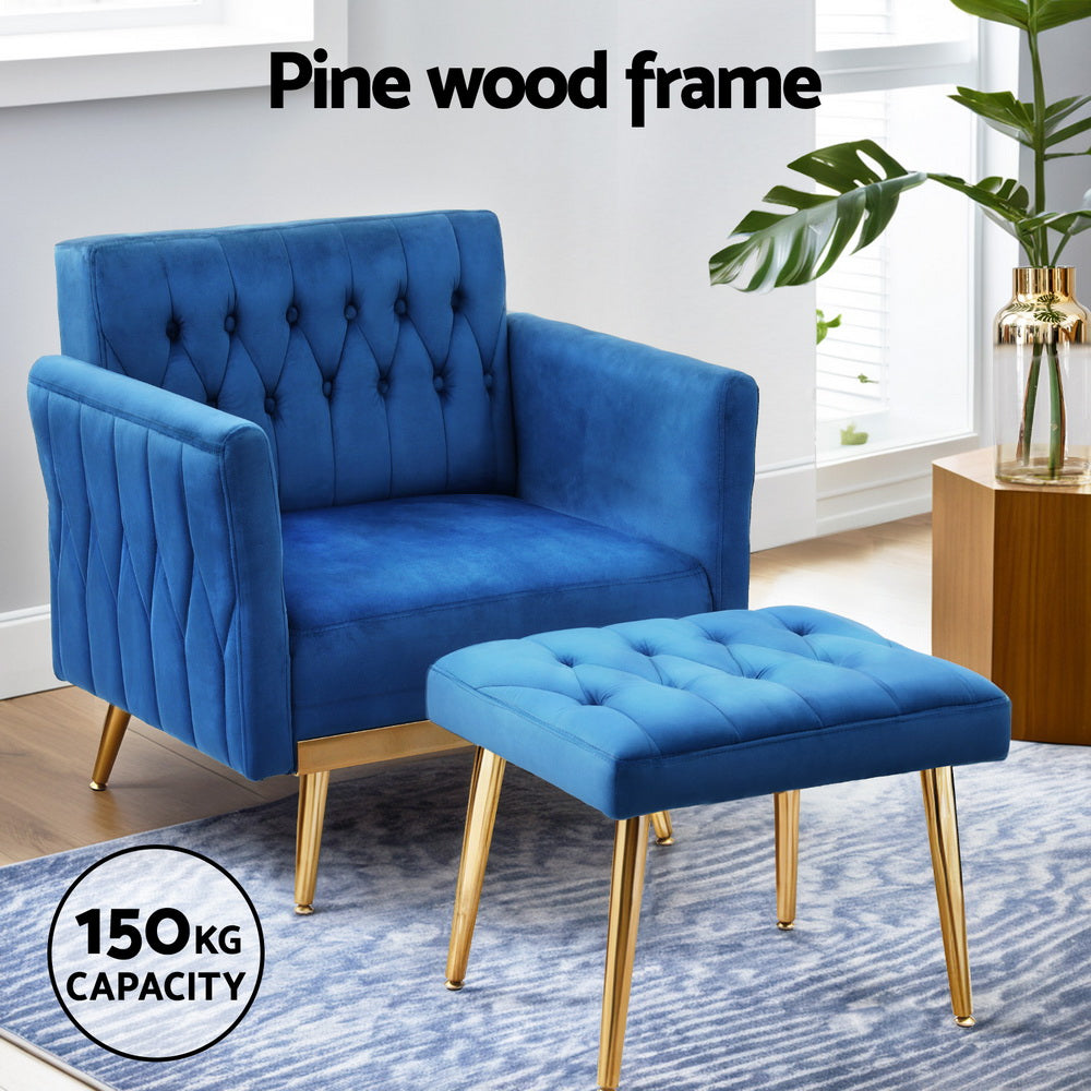 Artiss Velvet Armchair Ottoman Set Blue