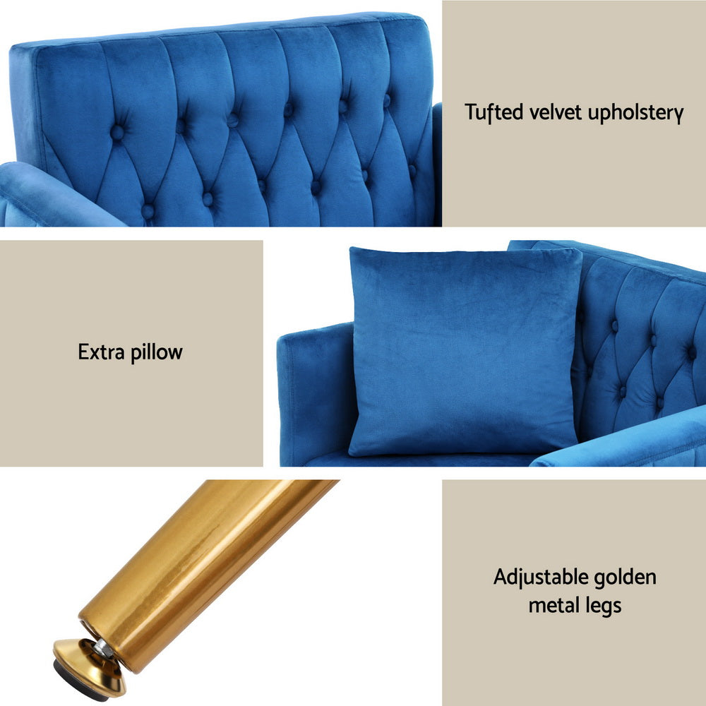 Artiss Velvet Armchair Ottoman Set Blue
