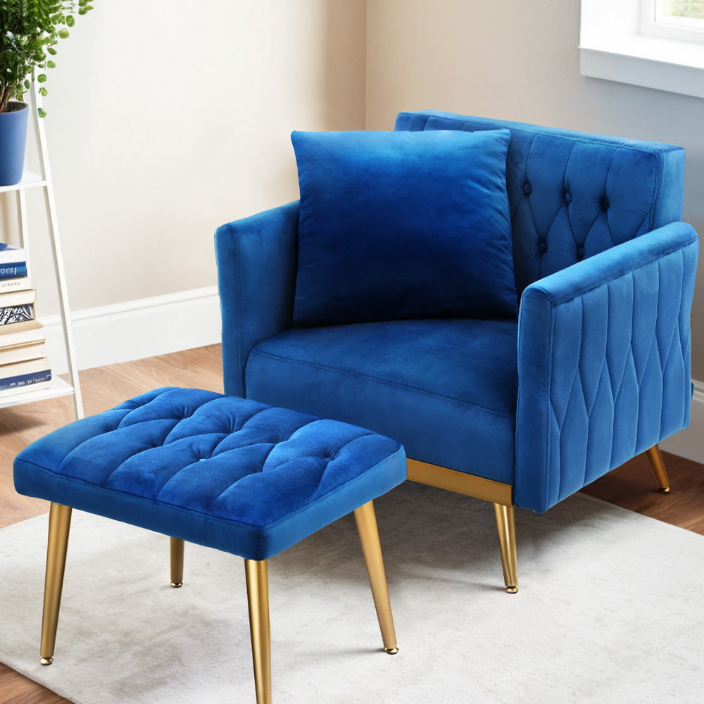 Artiss Velvet Armchair Ottoman Set Blue