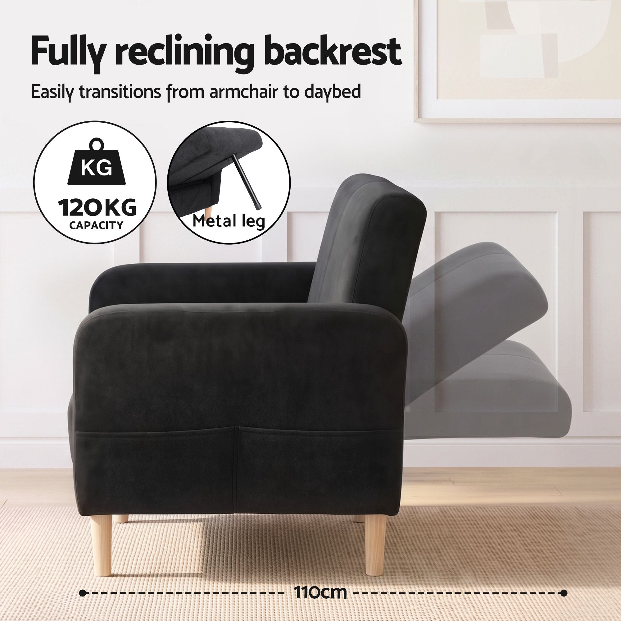 Artiss Reclining Armchair Velvet Sofa Bed Daybed Chair Single Chair Black