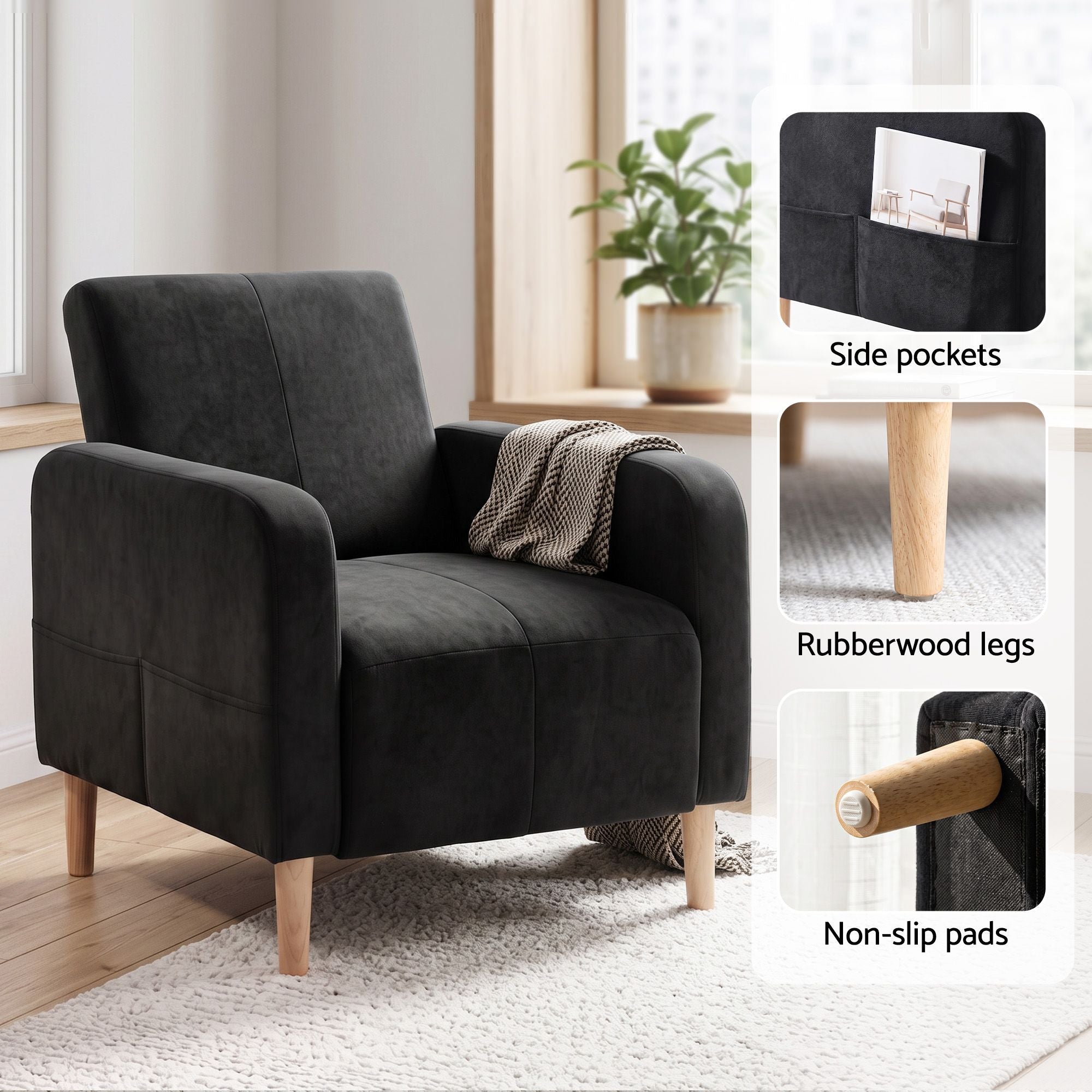 Artiss Reclining Armchair Velvet Sofa Bed Daybed Chair Single Chair Black