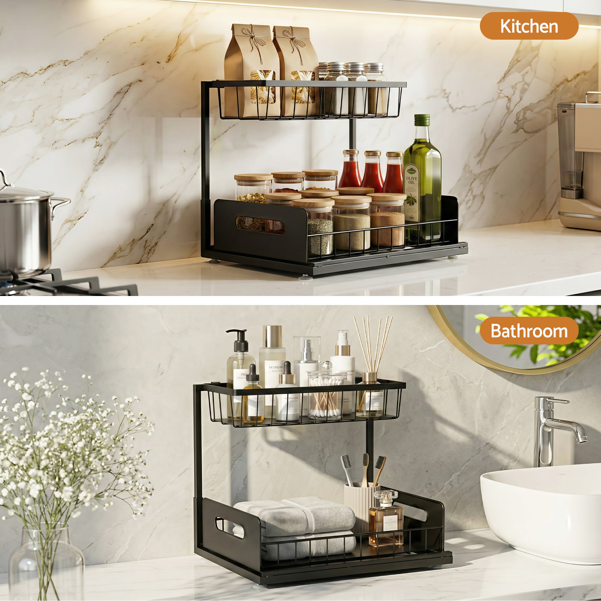 Artiss Under Sink Organizer Storage L Shape 1 Pull Out Drawers Kitchen Cabinet Shelf
