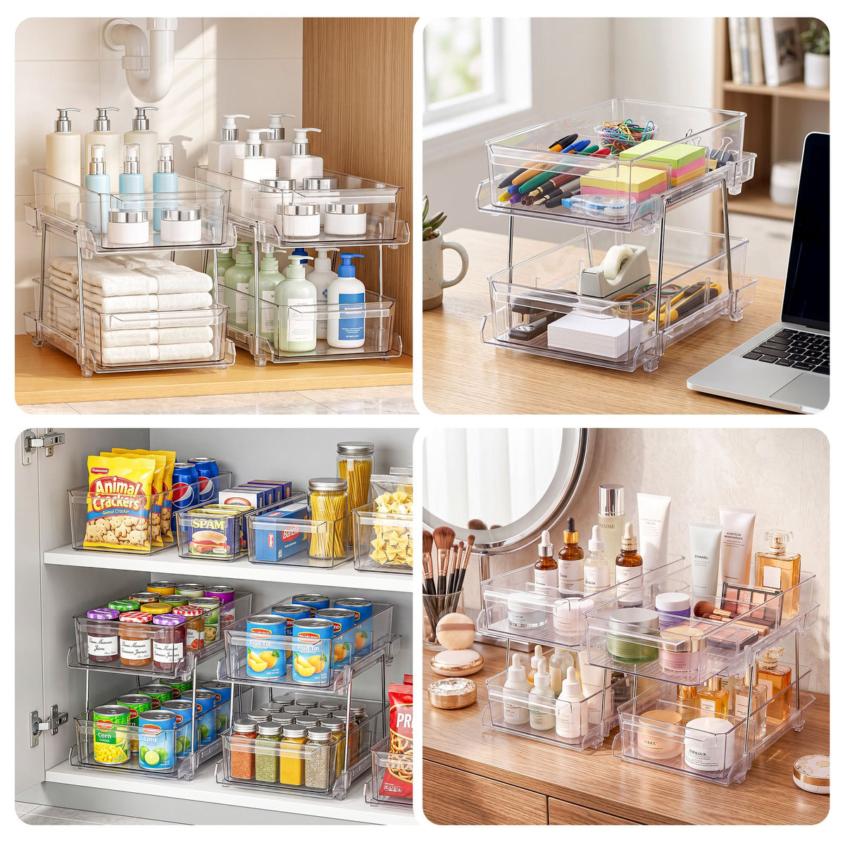 Artiss 2 Pack Clear 2 Tier Pull Out Cabinet Organiser