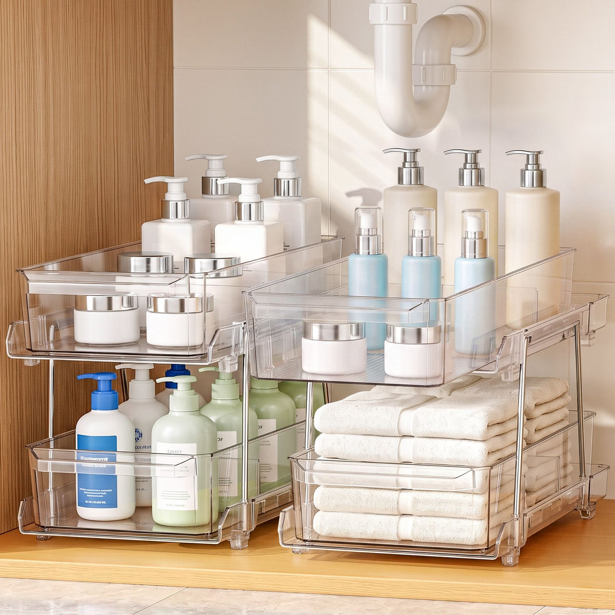Artiss 2 Pack Clear 2 Tier Pull Out Cabinet Organiser