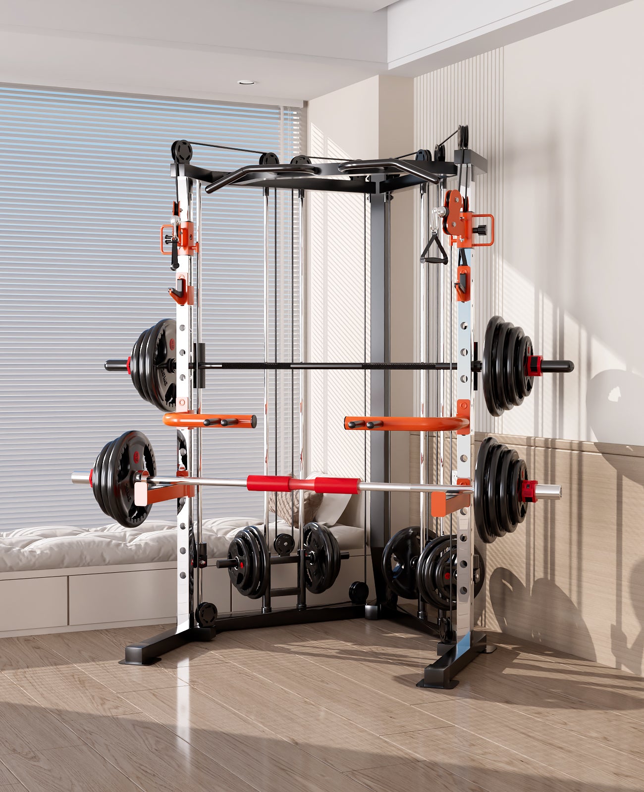 SmartFit C1 Max Multi Functional Cable Crossover Station 130kgs Pin Loaded Machine + Multi Func Bench+7Ft Olympic Barbell + 100kgs Weights