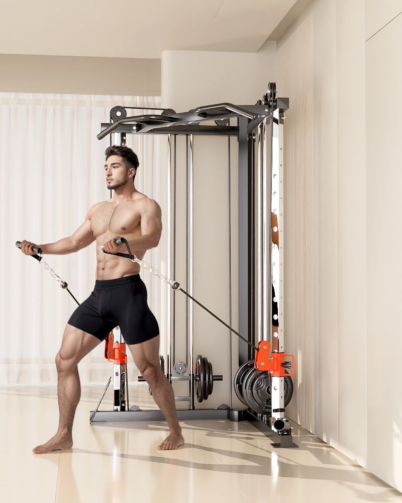 SmartFit C1 Max Multi Functional Cable Crossover Station 130kgs Pin Loaded Machine + Multi Func Bench+7Ft Olympic Barbell + 100kgs Weights