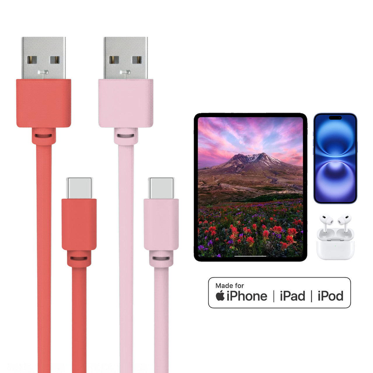 Laser Twin Pack 2 m USB-C to USB-A Cables Pink Red