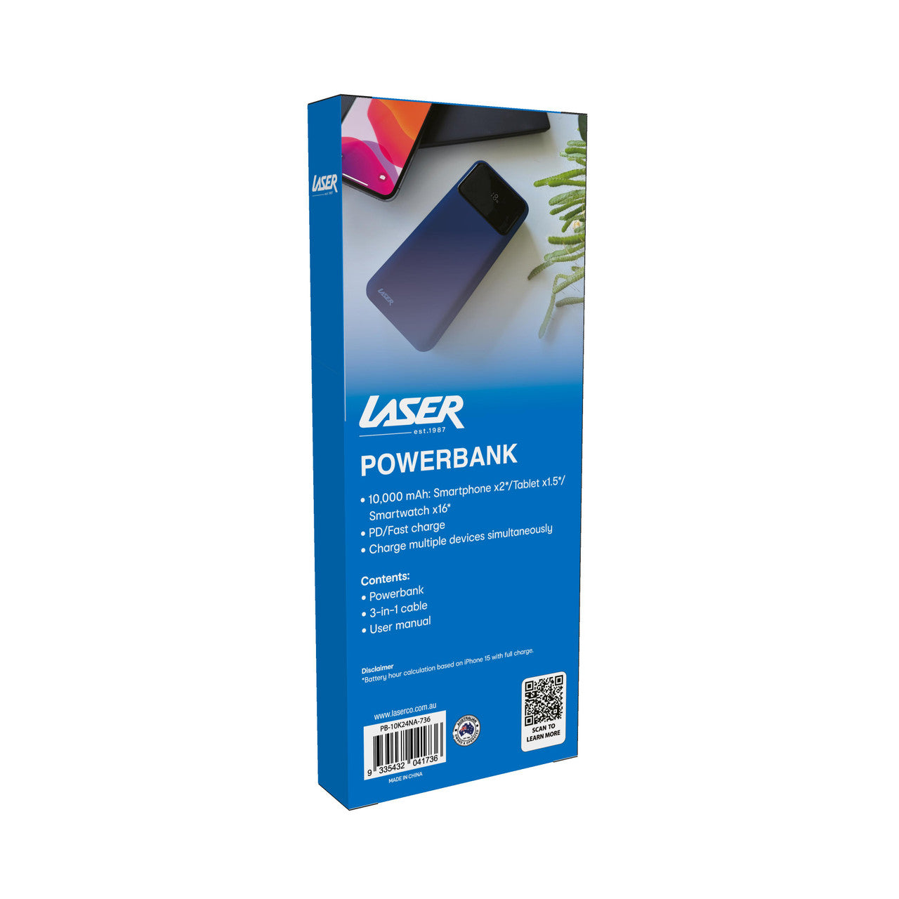 Laser 10000mAh Powerbank 18W PD with LED Navy