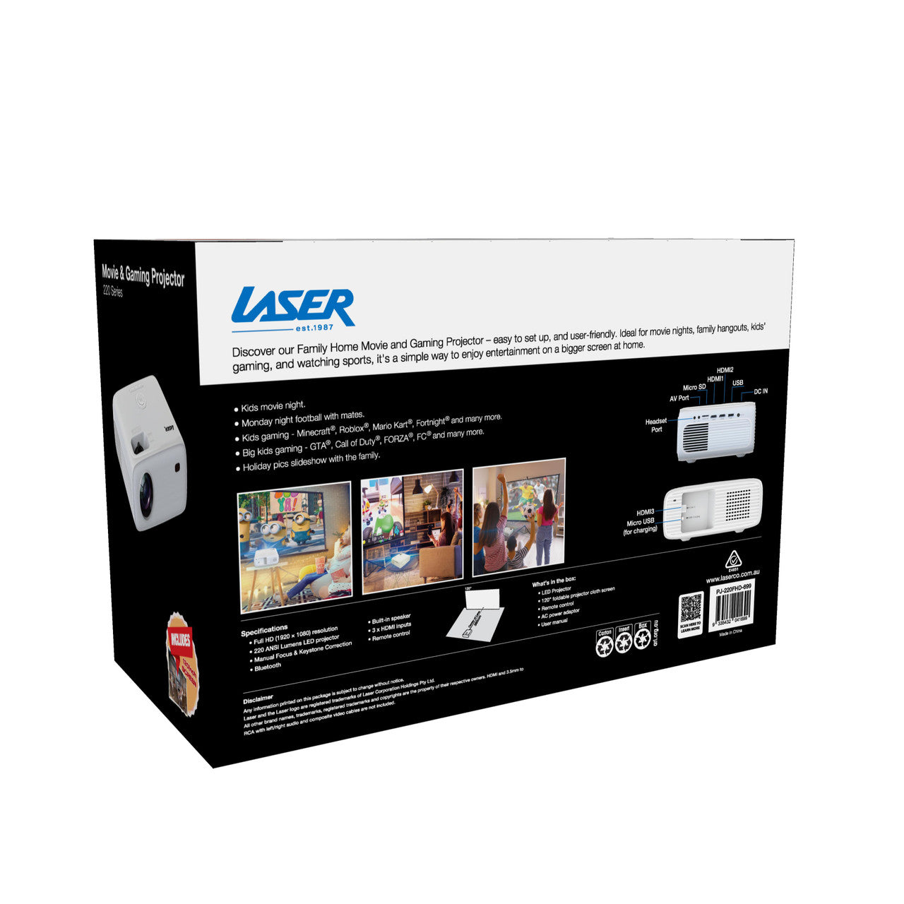 Laser 220 Series Gaming and Movie Bluetooth Projector with Screen