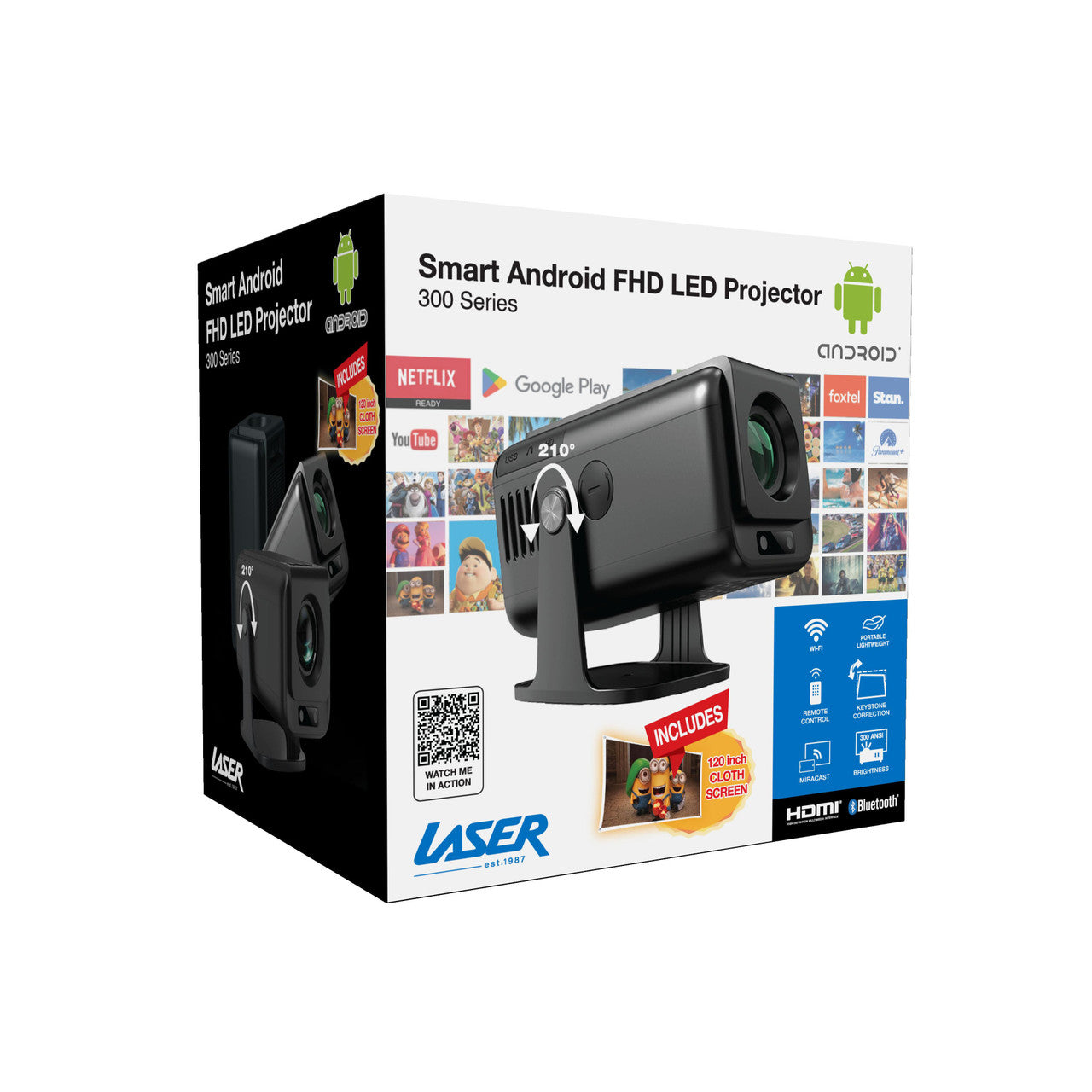 Laser 1080p Android Multi-Angle LED Projector Black