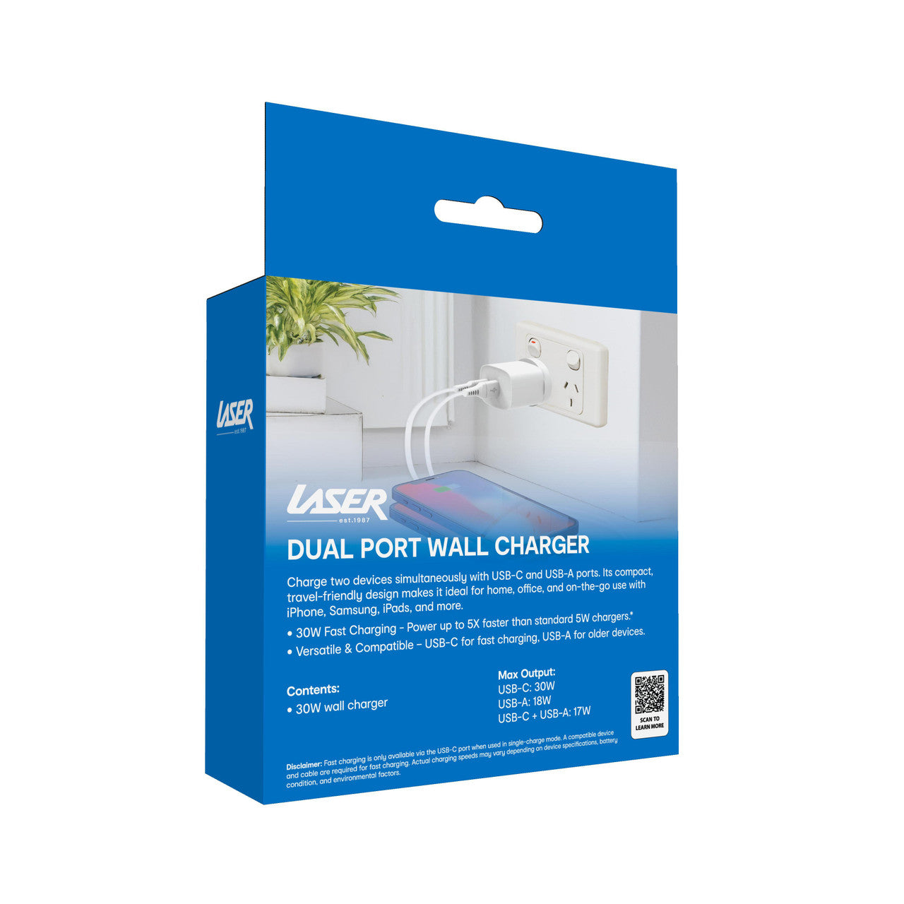 Laser Wall Charger USB A and C Fast Charge 30W