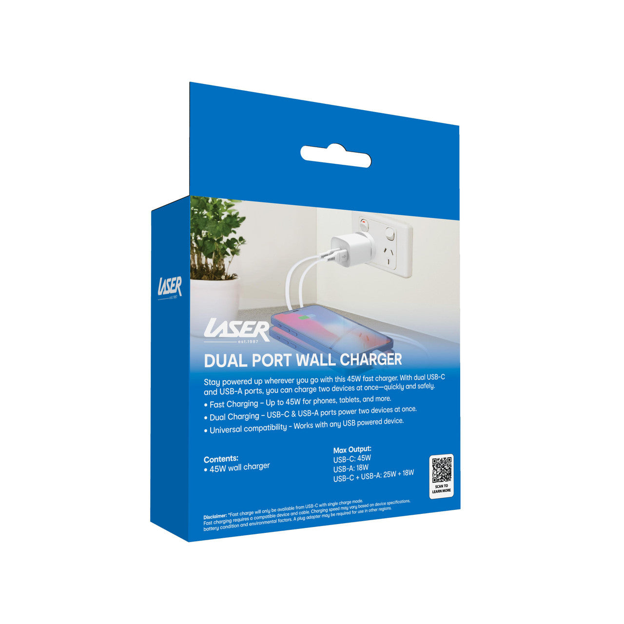 Laser Dual Port 45W USB Wall Charger White