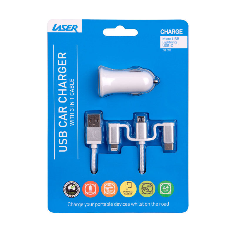 Laser USB Car Charger with 3-in-1 Cable White
