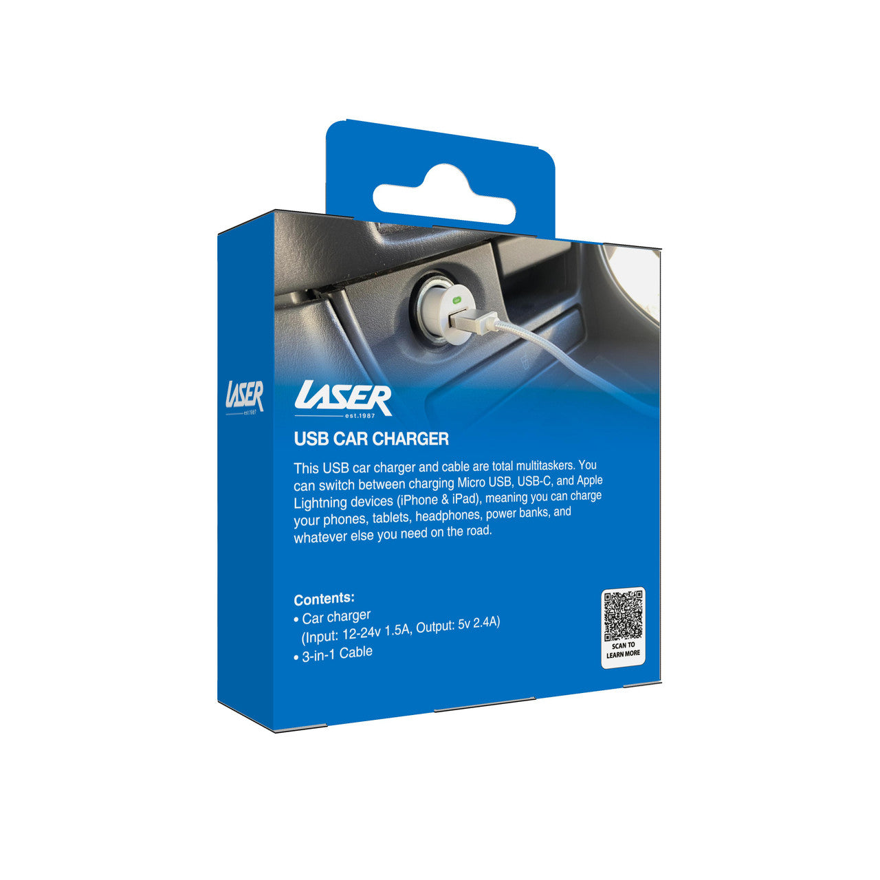 Laser USB Car Charger with 3-in-1 Cable White