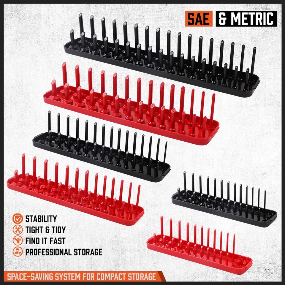 6Pcs Metric SAE Socket Tray Rack Holder Shelf Garage Organizer 1/4"/3/8"/1/2"