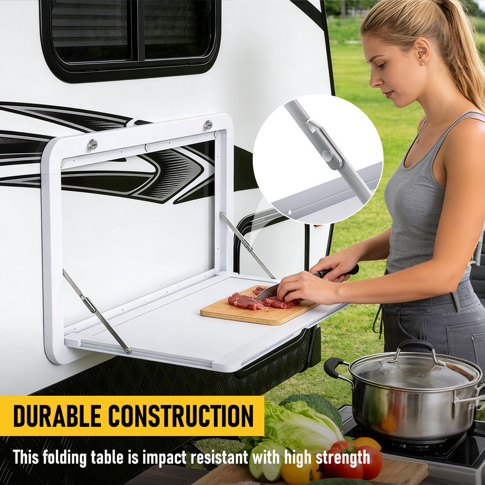 Heavy Duty Folding Caravan Table 800 x 450mm – Full Metal Frame, Lockable, 50kg Max Capacity, White