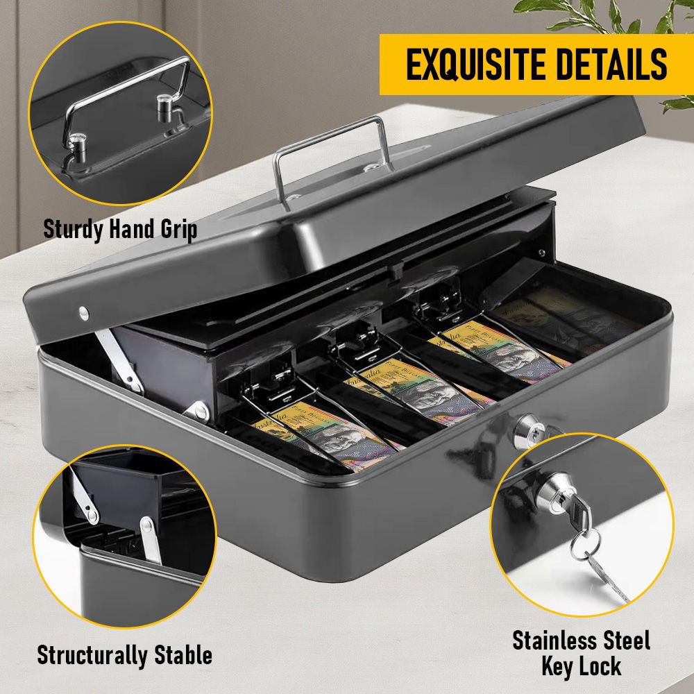 Lockable Cash Box with Coin Tray – Durable Metal Money Box with Key Lock for Bills & Change – Blue