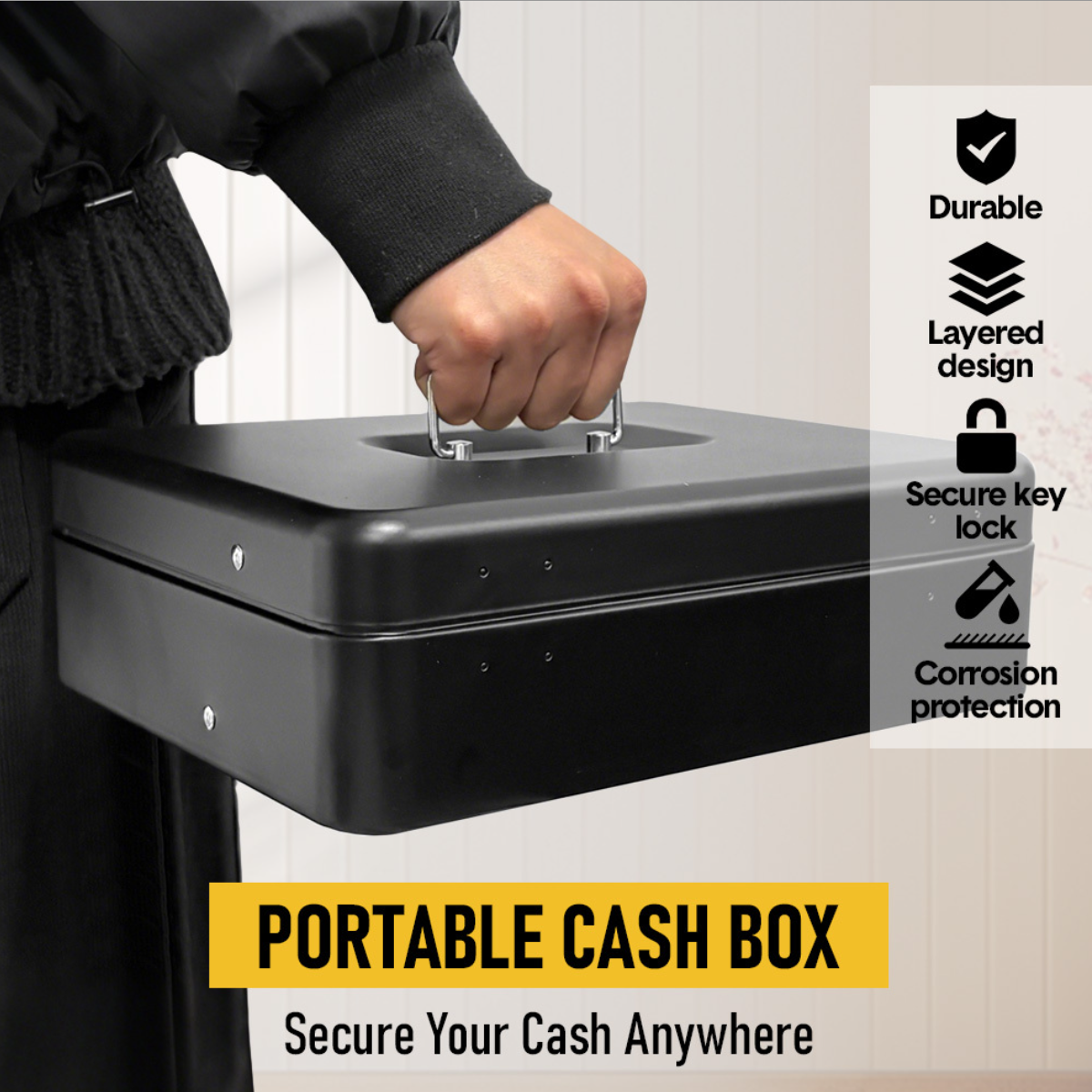 Cash Box With Security Locker And Security Cable, Money Box/Cash Tin With Money Tray For Saving Organizer-Black