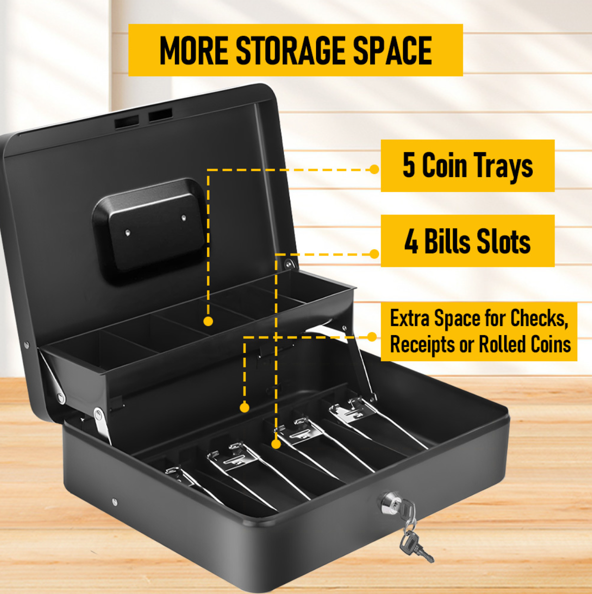 Cash Box With Security Locker And Security Cable, Money Box/Cash Tin With Money Tray For Saving Organizer-Blue