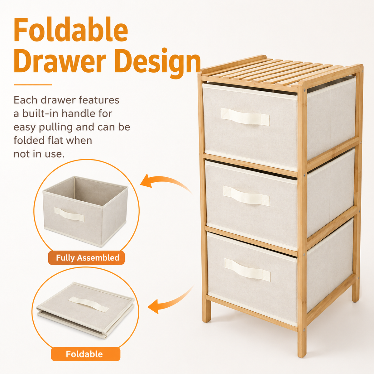 3 Drawer Bamboo Storage Chest Fabric Drawers Multi-Purpose Organiser for Bedroom Bathroom Laundry