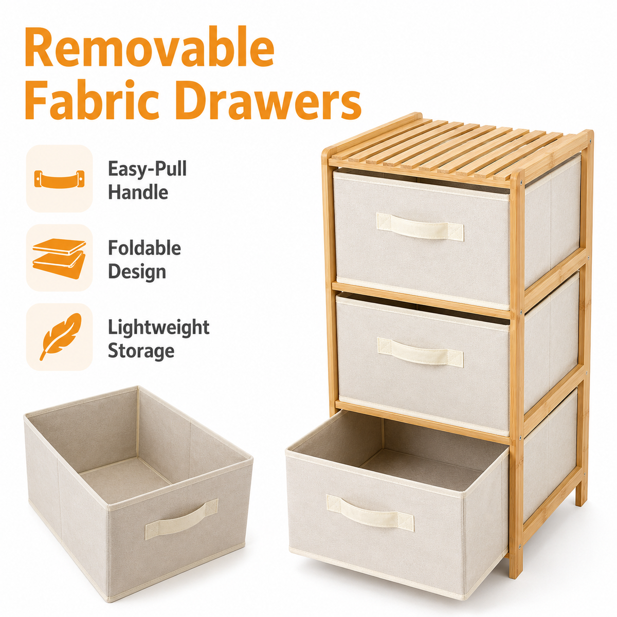 3 Drawer Bamboo Storage Chest Fabric Drawers Multi-Purpose Organiser for Bedroom Bathroom Laundry