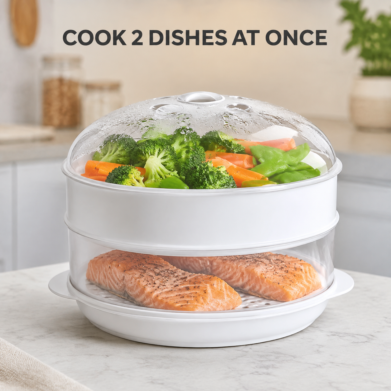 2 Tier Microwave Food Steamer 21cm, Oil-Free Cooking, Food Grade PP, Cooks Two Dishes at Once