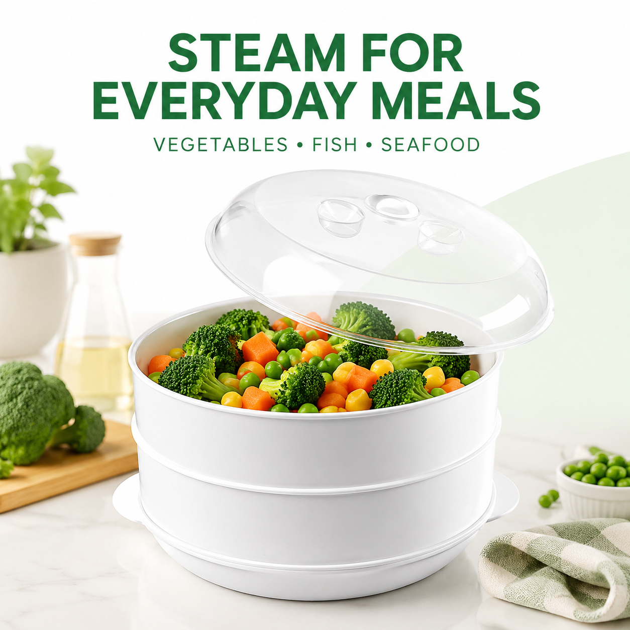 2 Tier Microwave Food Steamer 21cm, Oil-Free Cooking, Food Grade PP, Cooks Two Dishes at Once