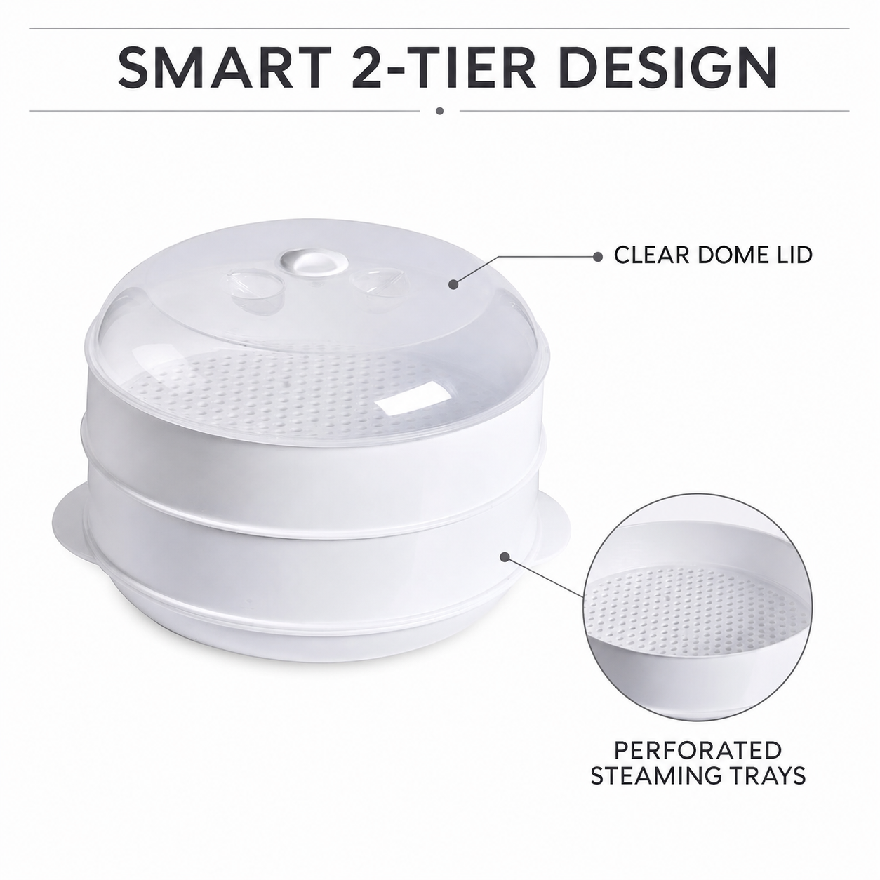 2 Tier Microwave Food Steamer 21cm, Oil-Free Cooking, Food Grade PP, Cooks Two Dishes at Once