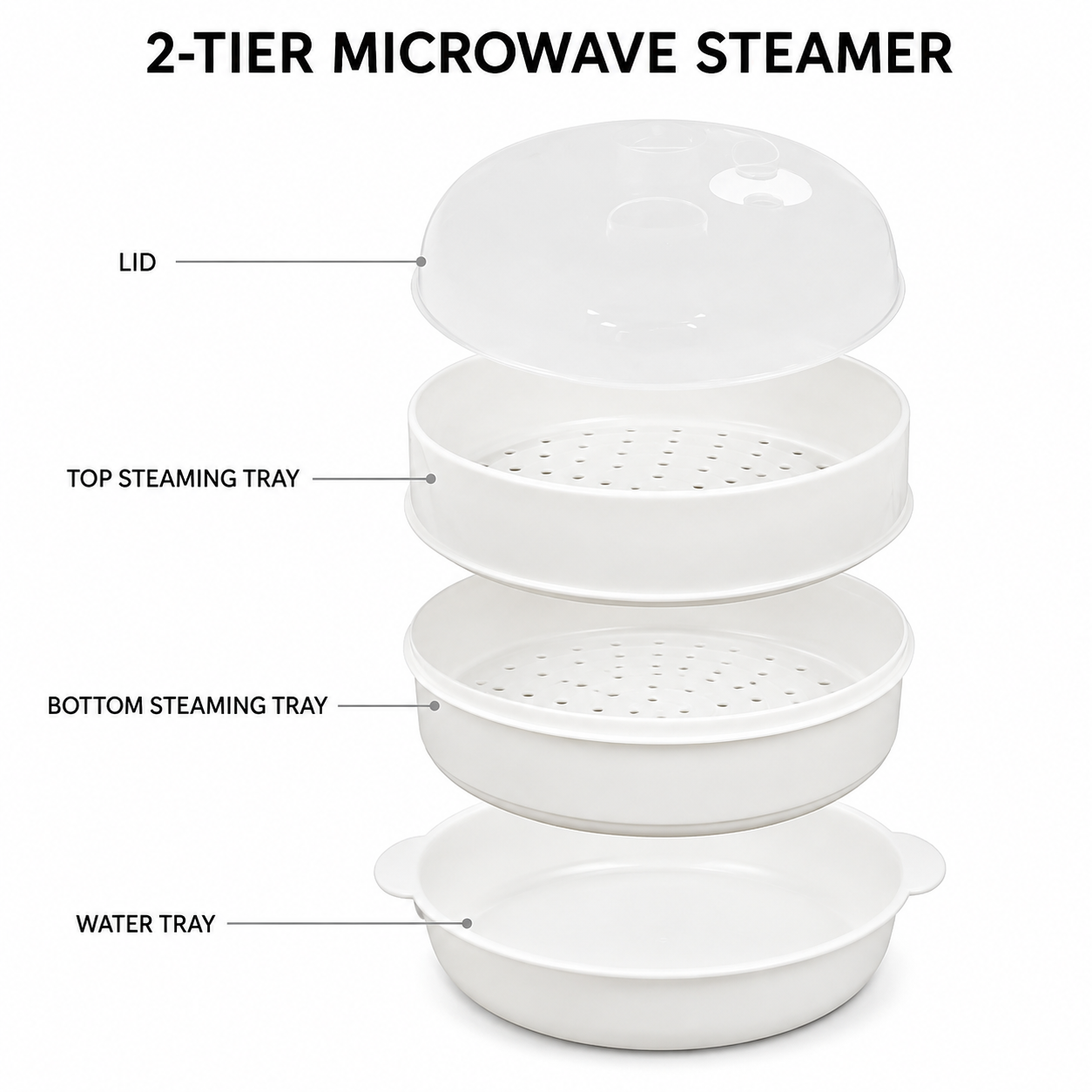 2 Tier Microwave Food Steamer 21cm, Oil-Free Cooking, Food Grade PP, Cooks Two Dishes at Once