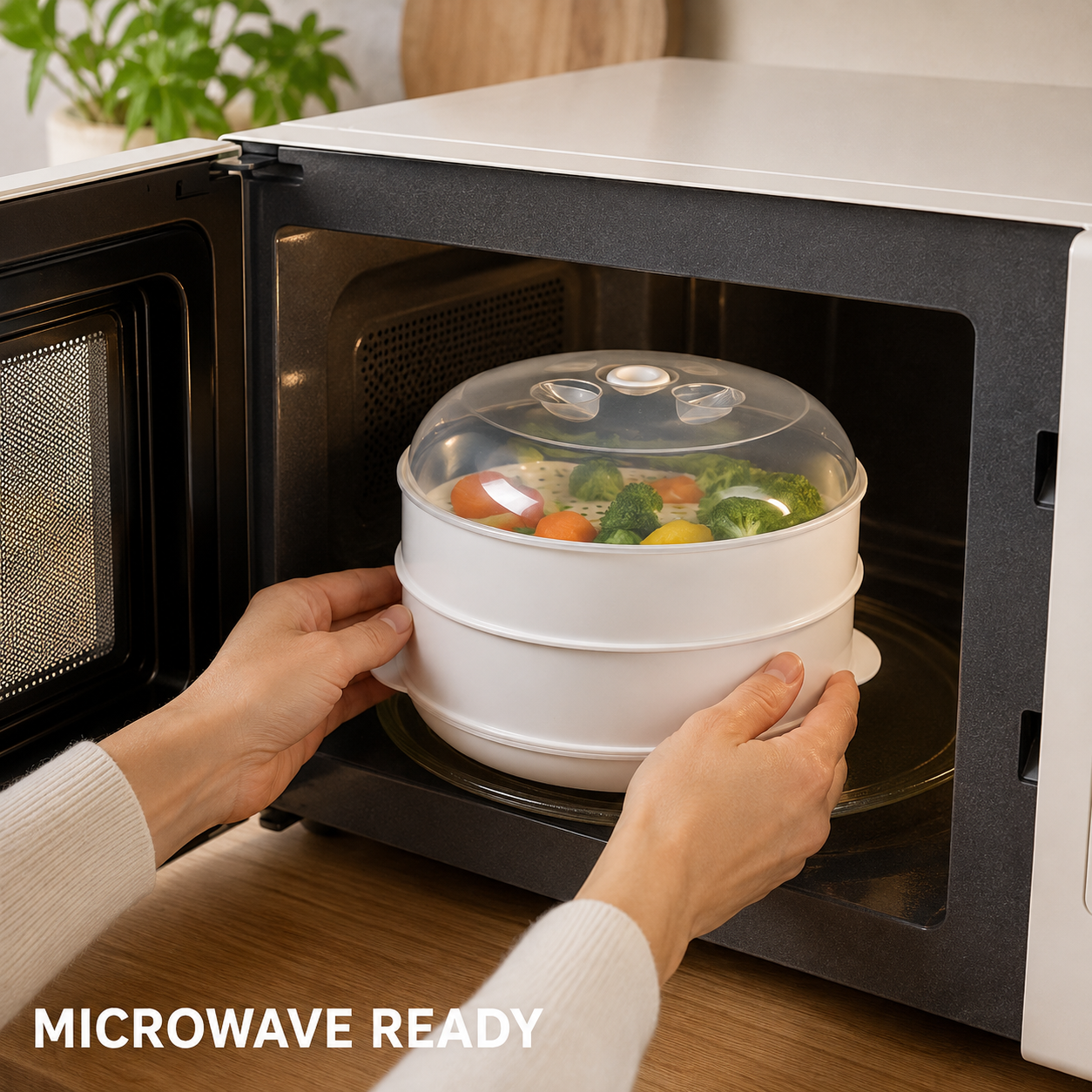 2 Tier Microwave Food Steamer 21cm, Oil-Free Cooking, Food Grade PP, Cooks Two Dishes at Once