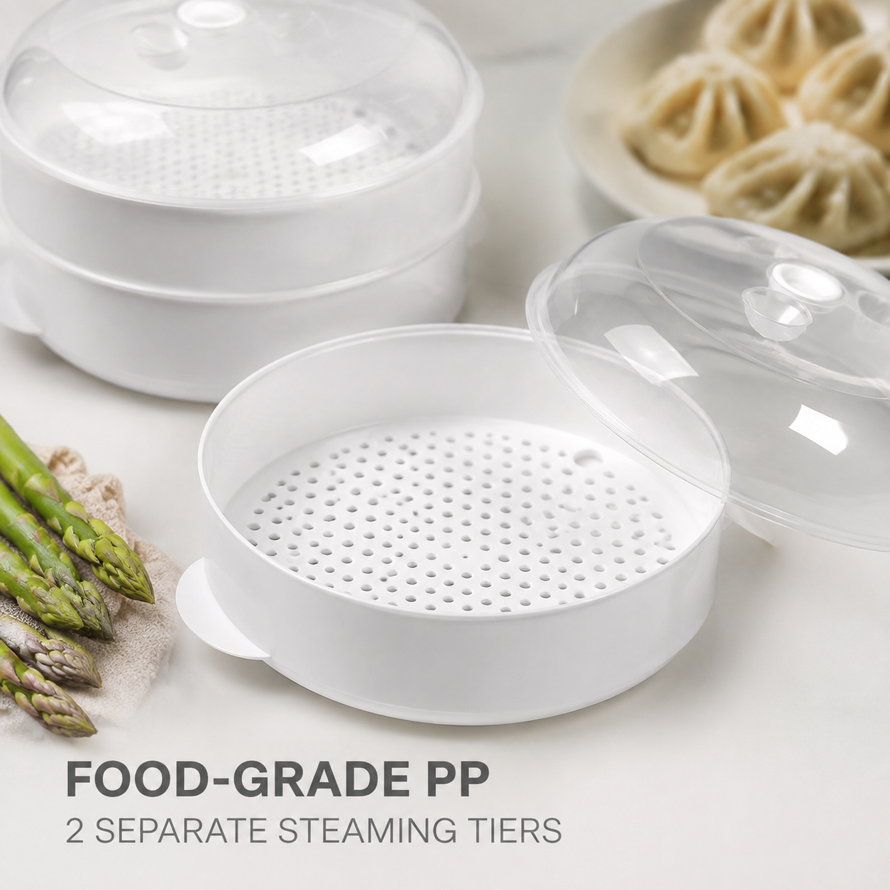 2 Tier Microwave Food Steamer 21cm, Oil-Free Cooking, Food Grade PP, Cooks Two Dishes at Once
