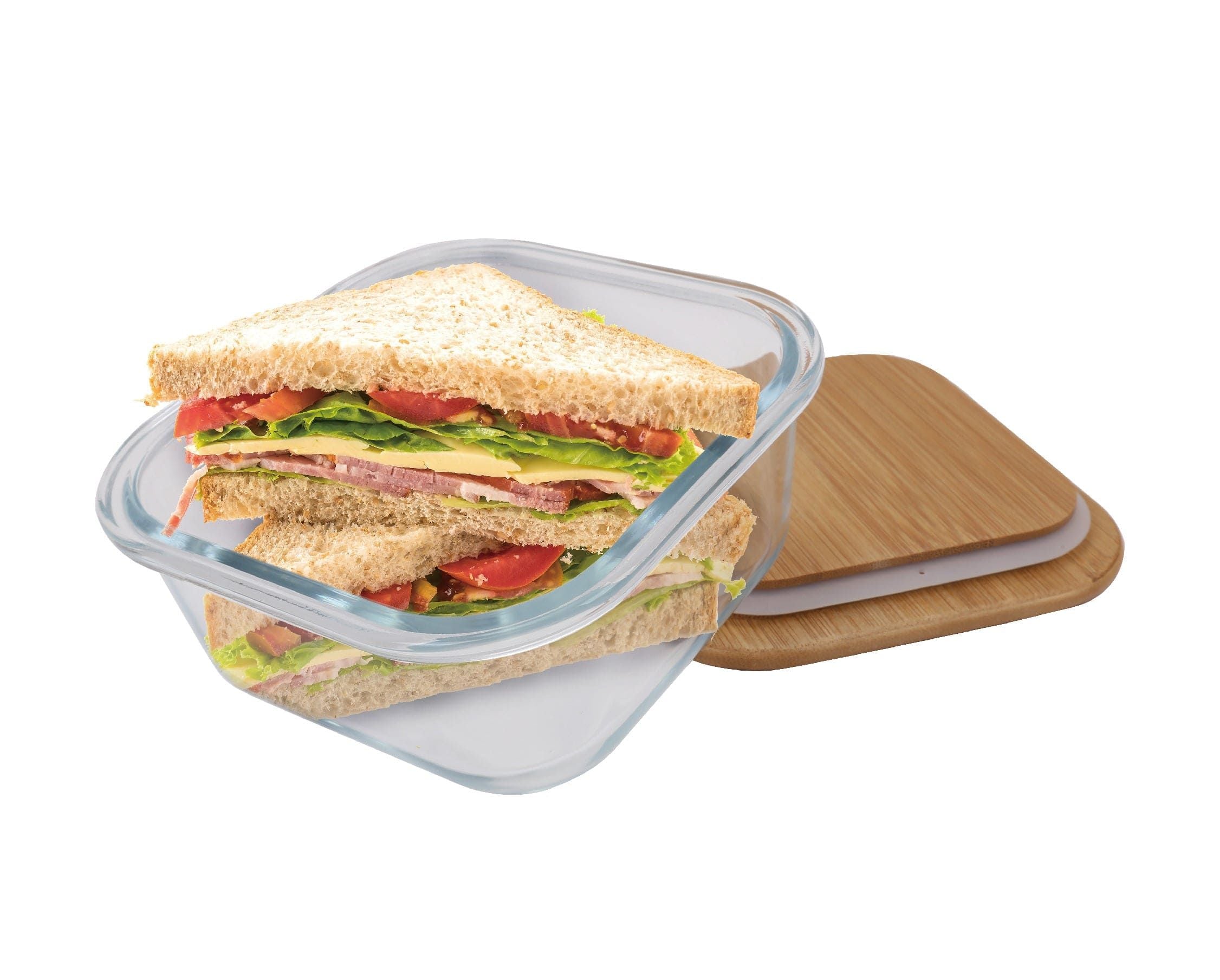 2 Pcs Bamboo?Cover Food Containers – Medium & Large, Clear Glass, Plastic?Free
