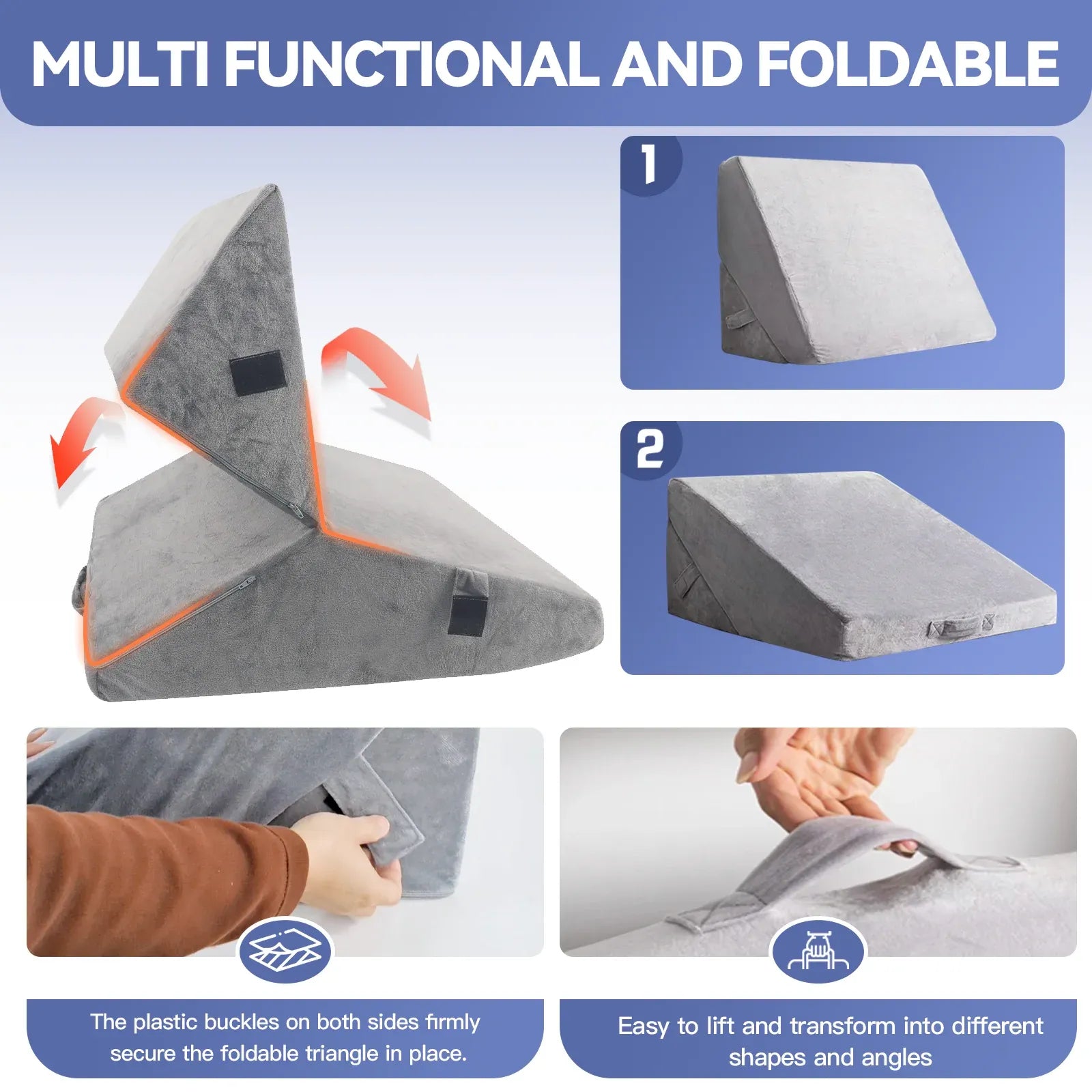 Adjustable Memory Foam Wedge Pillow with Washable Velvet Cover for Bed Sofa Reading 55x55x33cm
