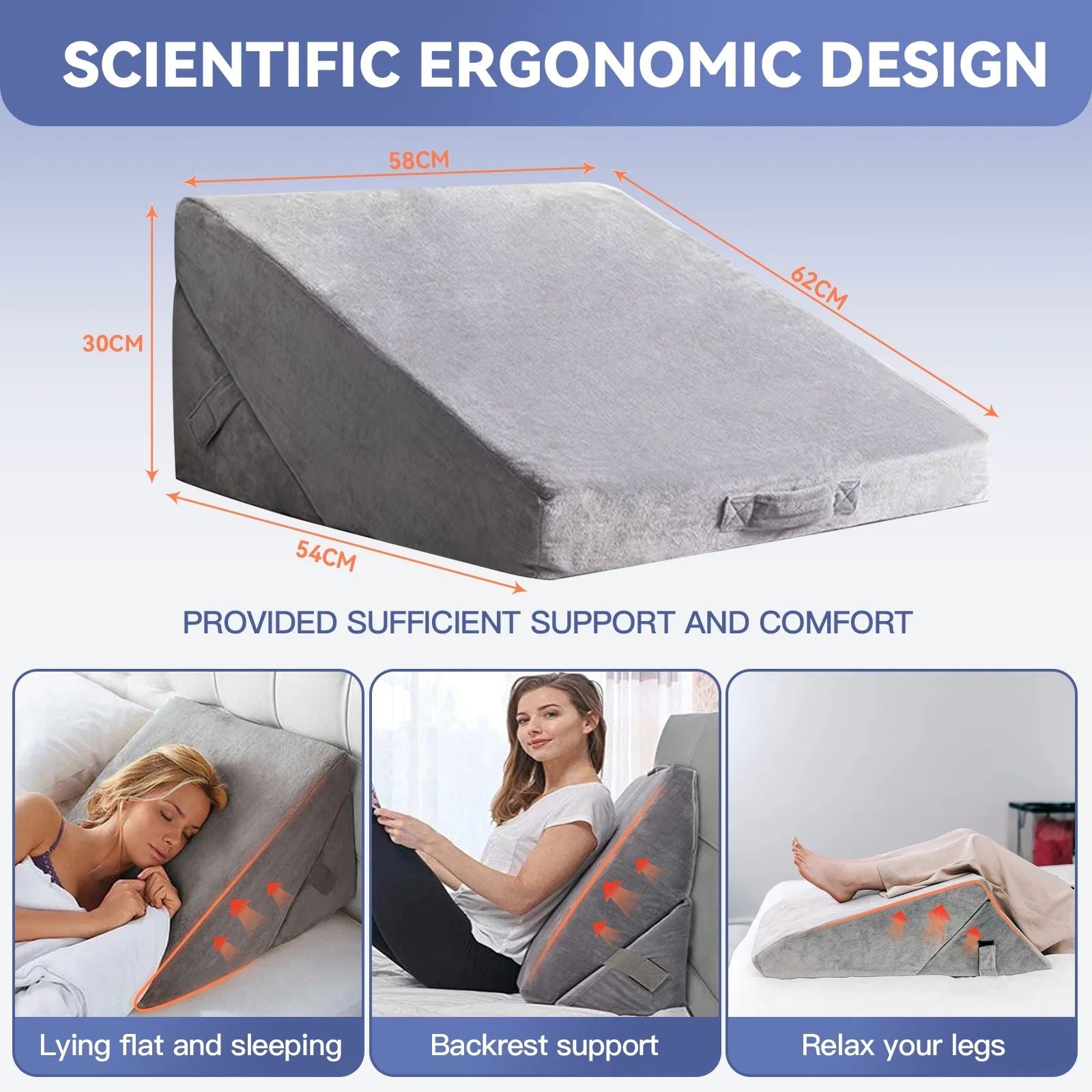 Adjustable Memory Foam Wedge Pillow with Washable Velvet Cover for Bed Sofa Reading 55x55x33cm