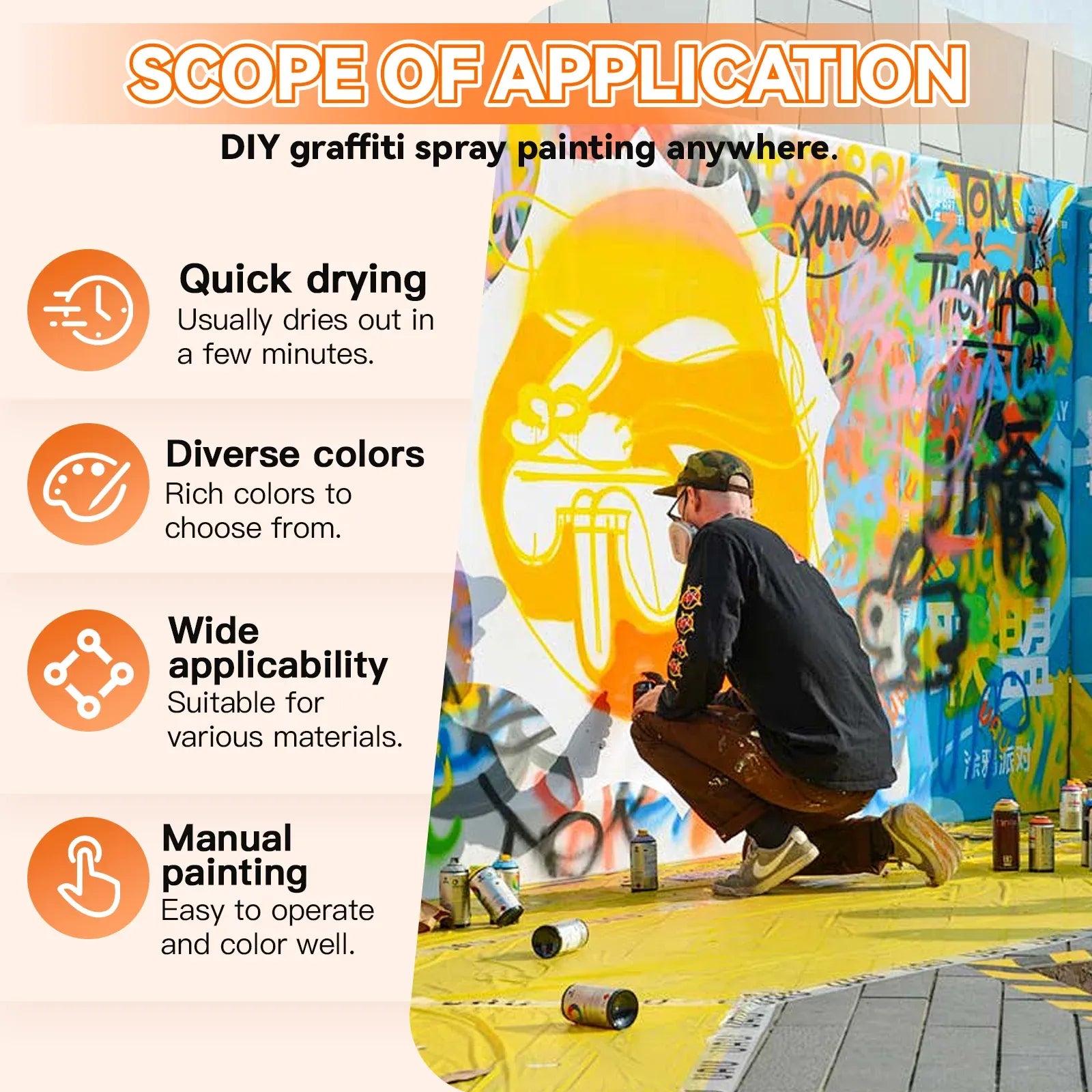12 Pcs 250g Spray Paint Can For Interior and Exterior 26 colours Fast Dry - Gloss Black