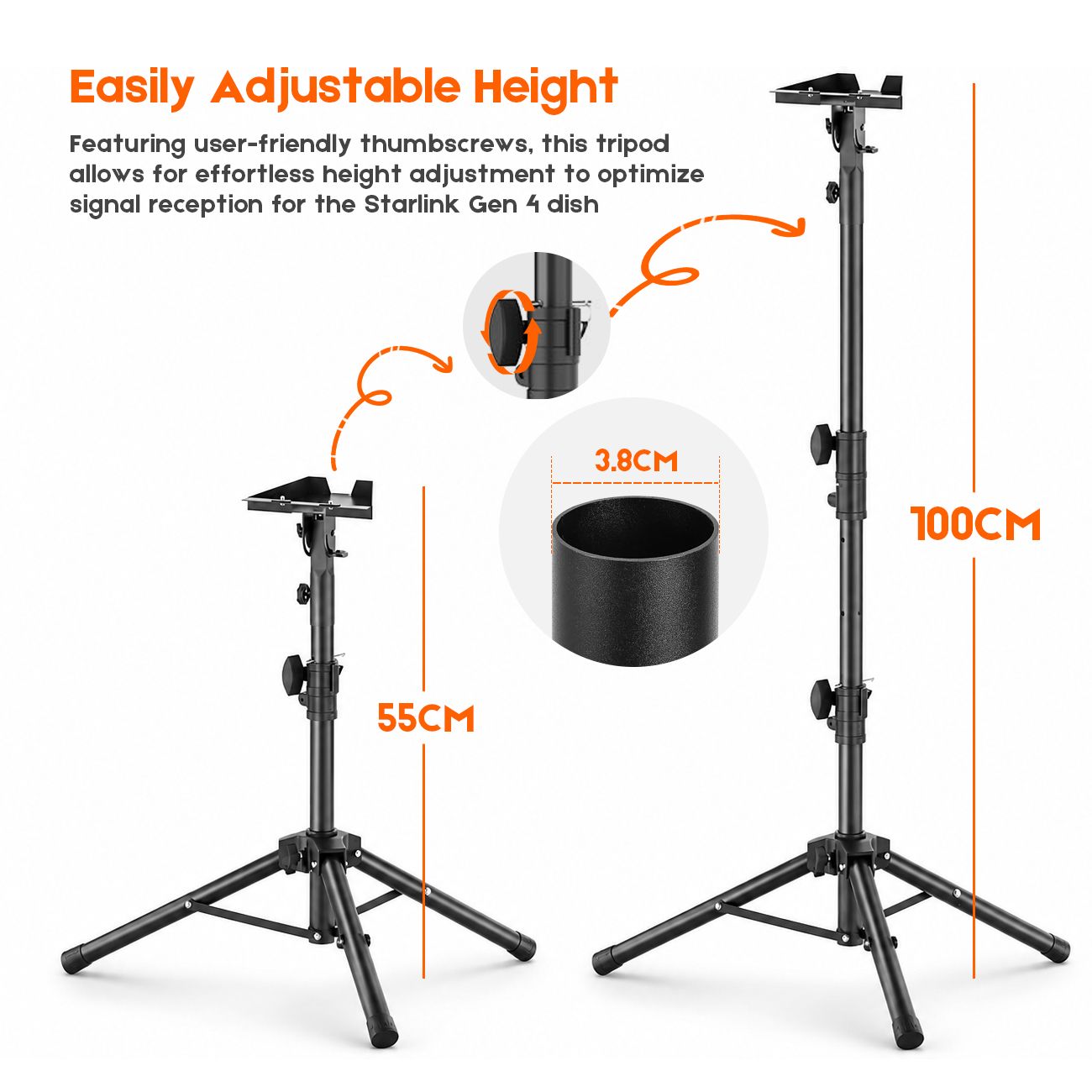 Tripod Mount for Starlink Gen 3, Adjustable Portable Ground Stand with 360° Rotation, 90° Tilt, Anti-Slip Feet & Ground Anchor for RV Camping Travel