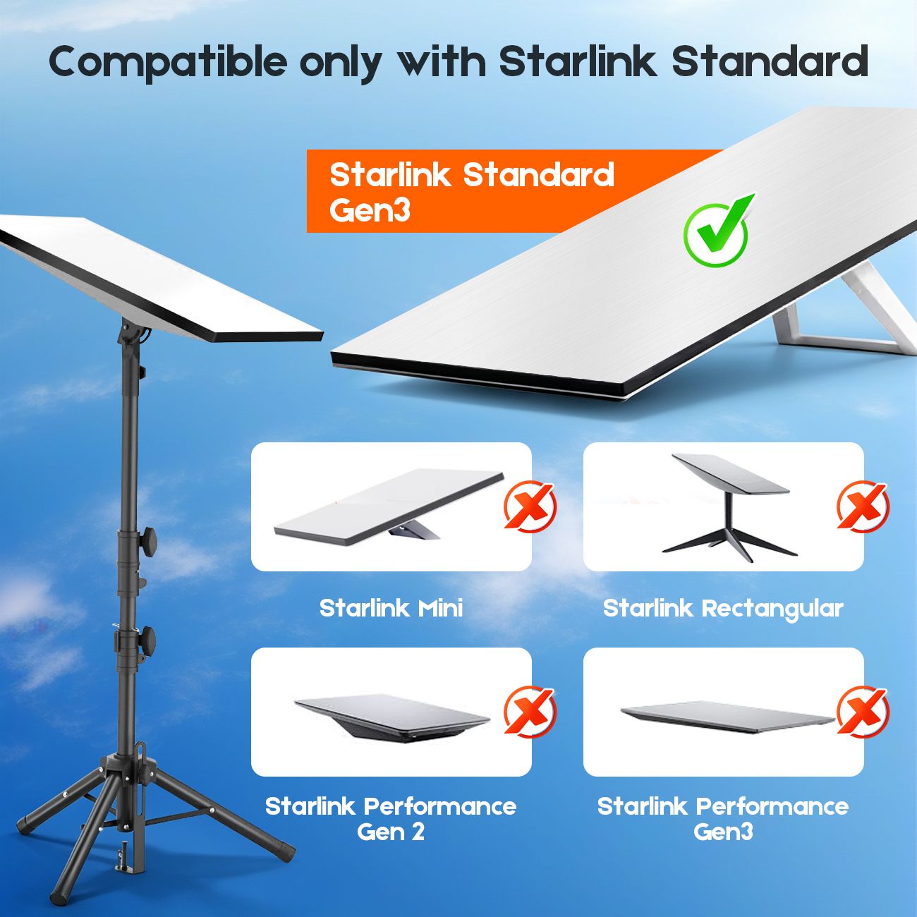 Tripod Mount for Starlink Gen 3, Adjustable Portable Ground Stand with 360° Rotation, 90° Tilt, Anti-Slip Feet & Ground Anchor for RV Camping Travel