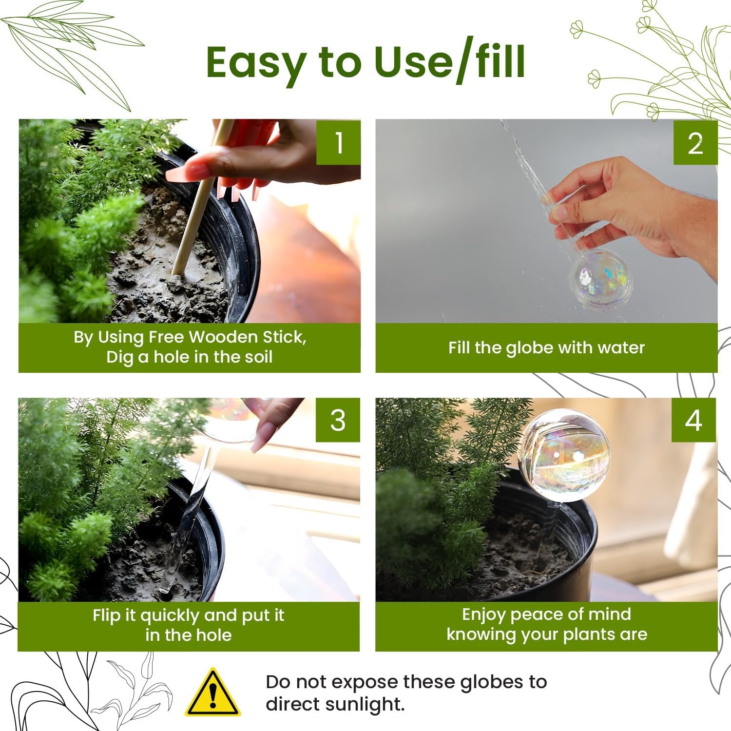 Iridescent self-watering balls, glass rainbow plant watering balls, self-watering planter insert, automatic indoor plant watering, plant watering devices, plant watering balls, watering ball