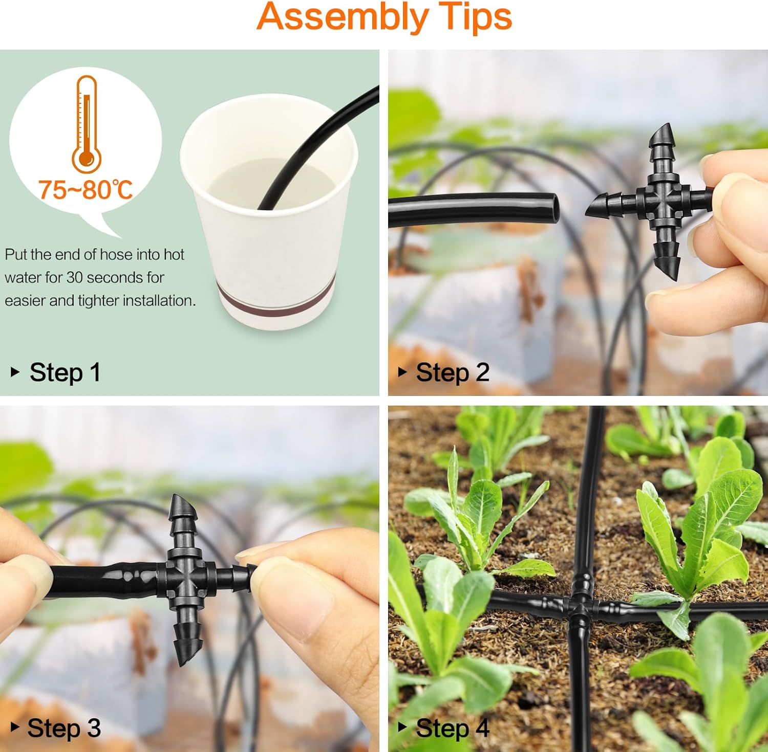 1/4" Drip Irrigation Universal Fittings, 45 Pieces Barbed 4-Way Cross Irrigation Fittings for 1/4 Inch Drip Hose, 4-Way Tee Fittings for Drip Hoses and T-Fittings for Sprinklers, Garden and Lawn
