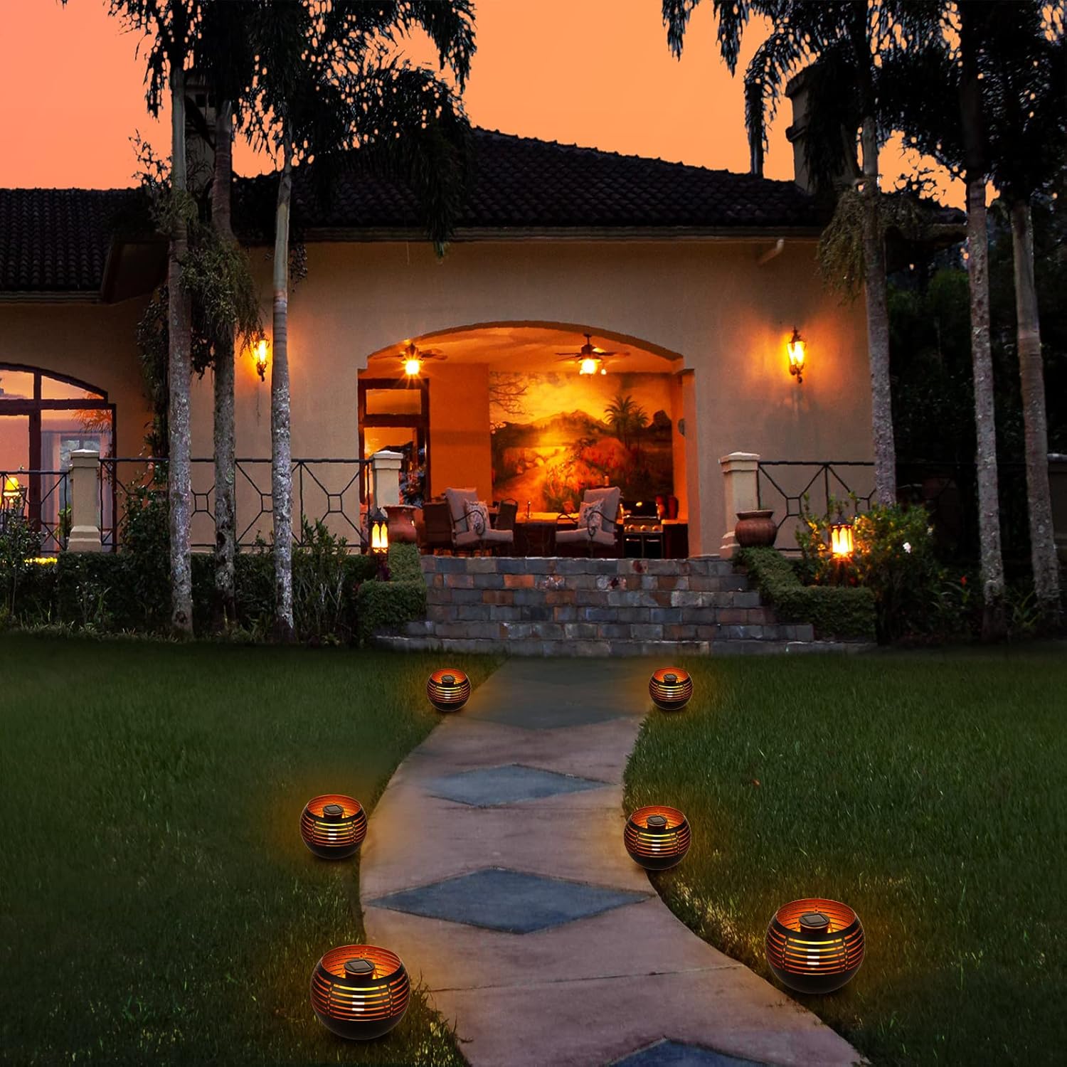 Waterproof outdoor solar lanterns, solar table lamp for outdoor patio, metal pot with warm yellow dancing and flickering flame light, decorative LED table lamp for garden decor, landscape, yard