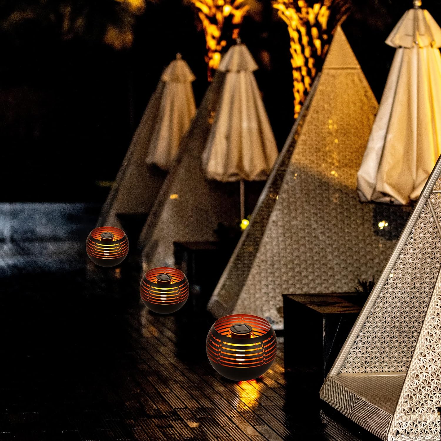 Waterproof outdoor solar lanterns, solar table lamp for outdoor patio, metal pot with warm yellow dancing and flickering flame light, decorative LED table lamp for garden decor, landscape, yard