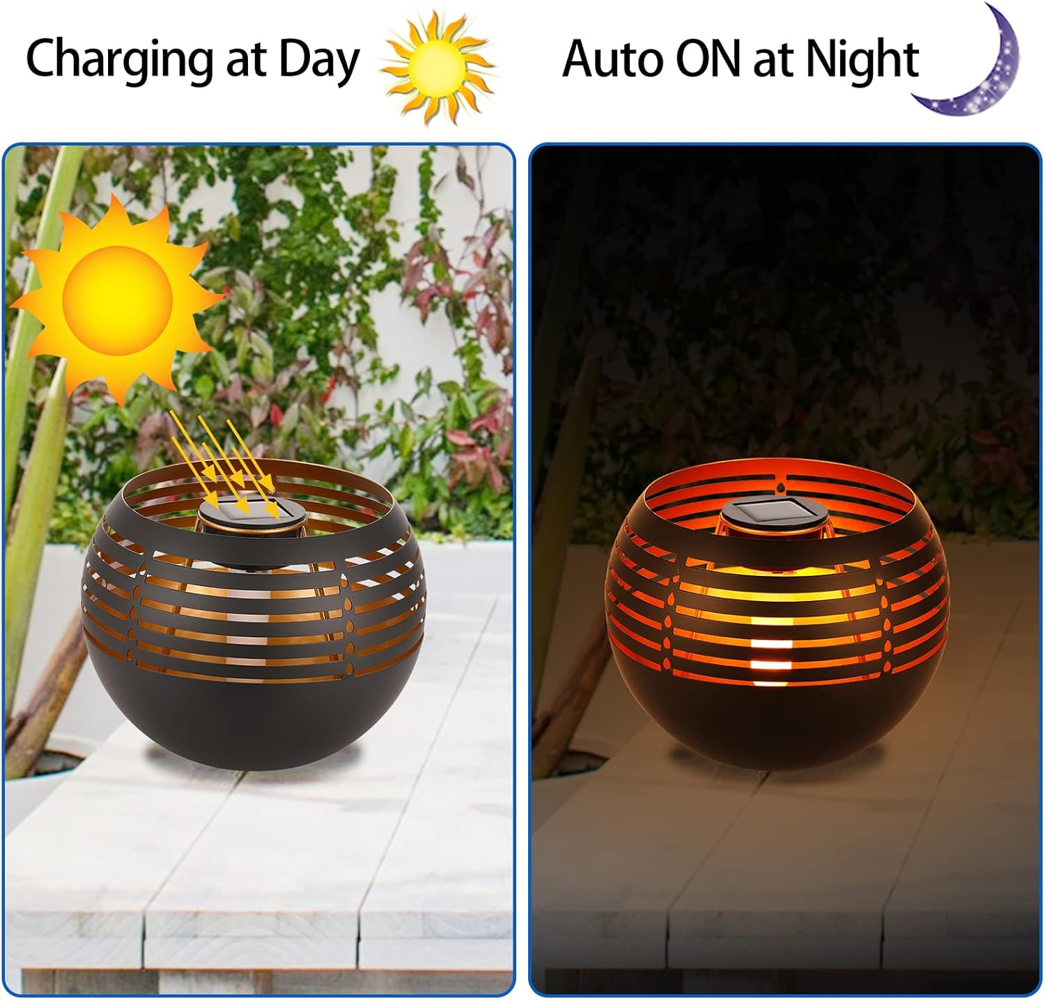 Waterproof outdoor solar lanterns, solar table lamp for outdoor patio, metal pot with warm yellow dancing and flickering flame light, decorative LED table lamp for garden decor, landscape, yard