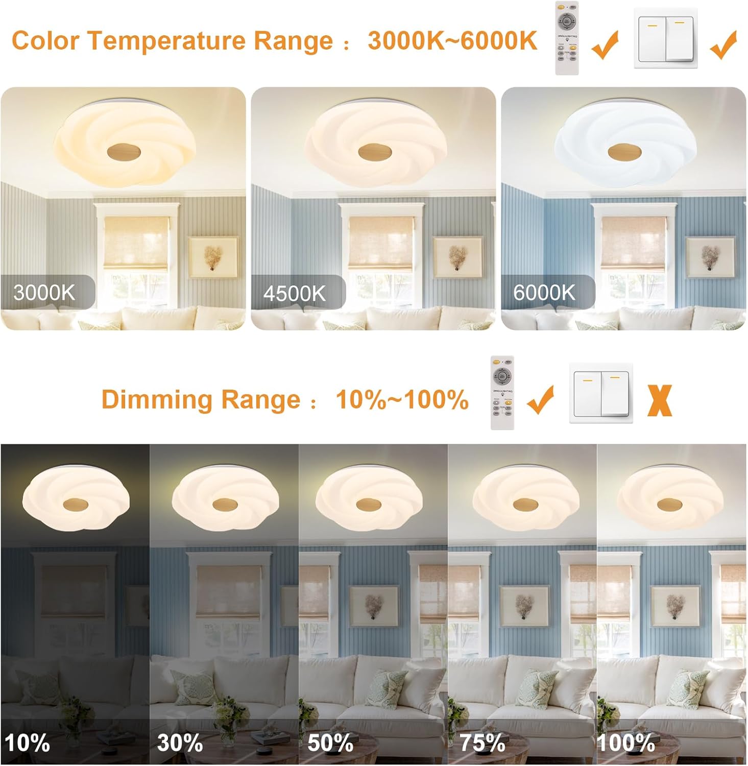 LED recessed ceiling light, 48W dimmable flower shape ceiling lamp, 14.8 inch 3 CCT, close to the ceiling, suitable for bedroom, hallway, living room,
