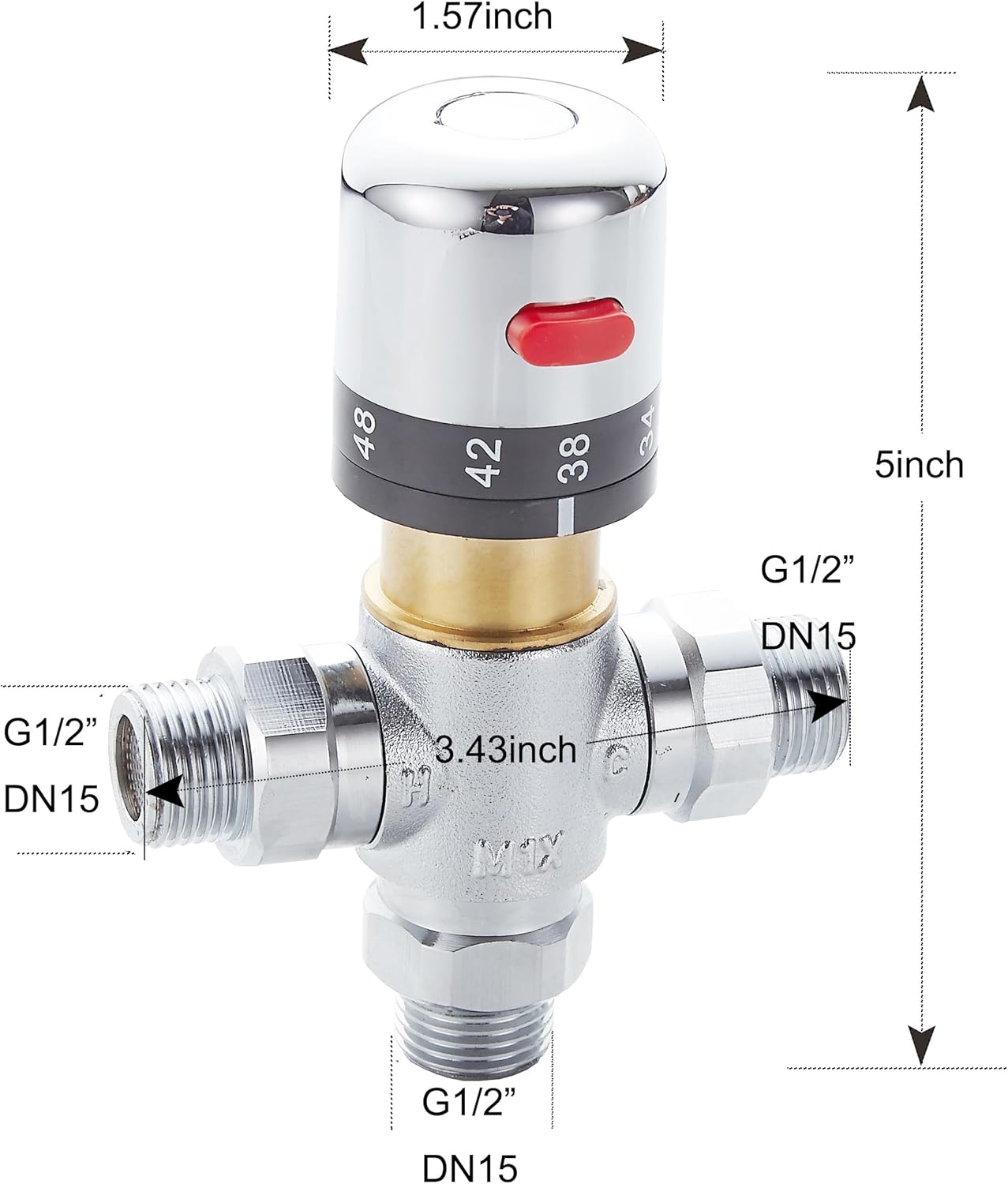 3-way thermostatic water mixer DN15, temperature control hot and cold, G1/2 NPS male connections, anti-scald temperature mixers for bathroom, under-sink taps, shower, bath, bidet chrome
