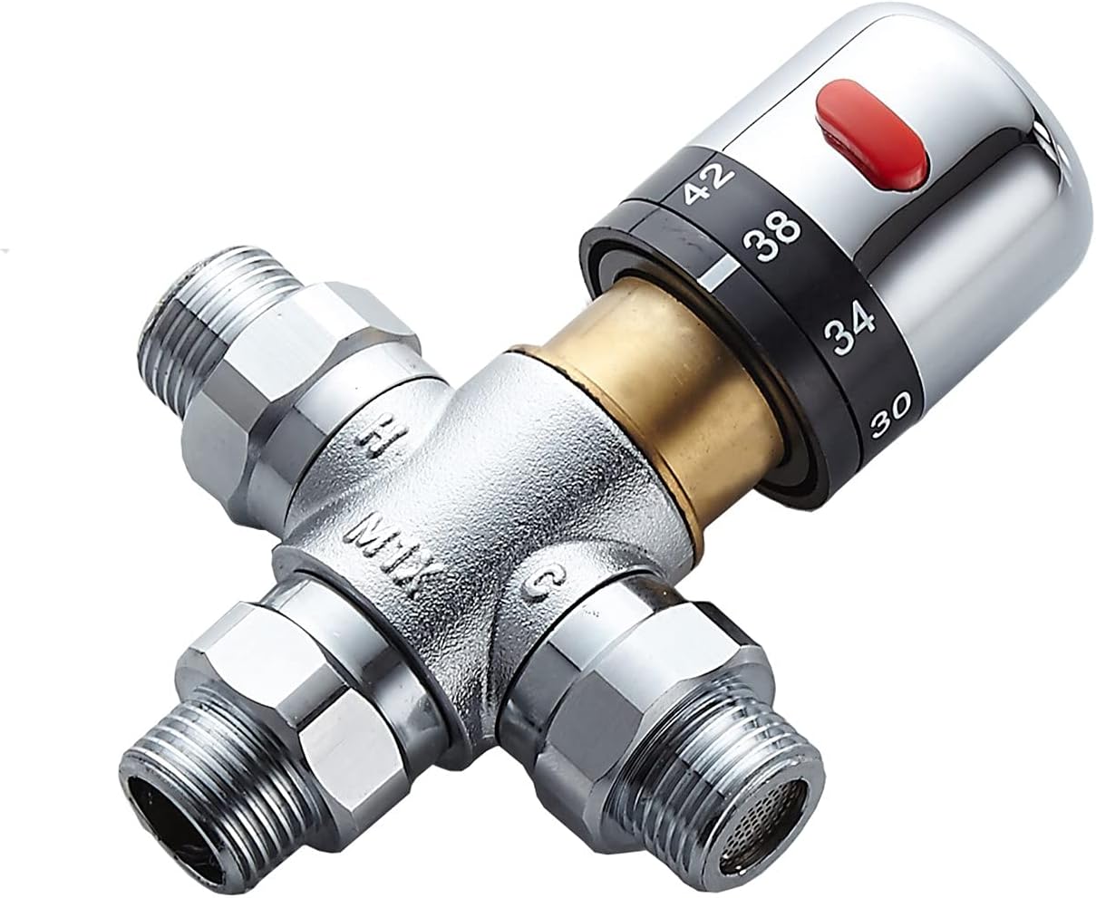 3-way thermostatic water mixer DN15, temperature control hot and cold, G1/2 NPS male connections, anti-scald temperature mixers for bathroom, under-sink taps, shower, bath, bidet chrome