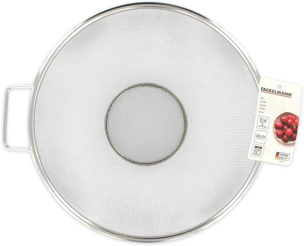 Fackelmann sieve Ø 26 cm, colander made of stainless steel, fine-mesh sieve with handles as a perfect kitchen accessory and kitchen helper in your kitchen, dishwasher safe Color: silver , Quantity: 1
