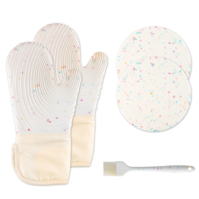 Quilted Cotton Terry Oven Mitts, Pot Holders, Kitchen Brushes, Set of 5, Heat Resistant, Silicone Handles, Shake